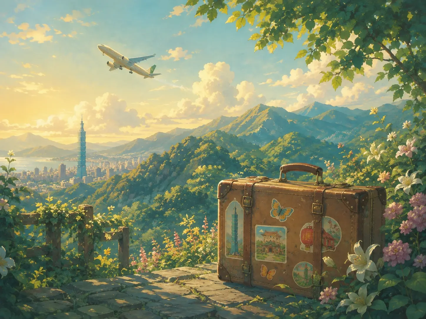 Illustrated stamped suitcase with an airplane over green mountains